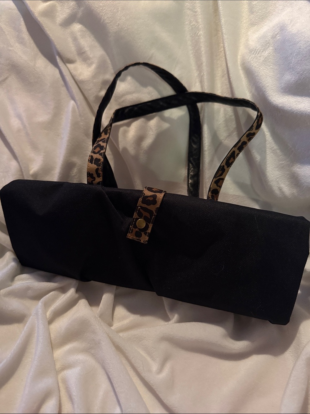 Black Collapsible Shoulder Bag with Leopard Trim